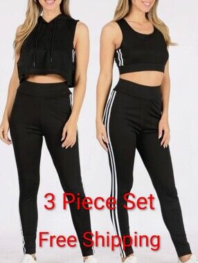 Black Women's 3-Piece Athletic Track Pant Set with White Side Stripes